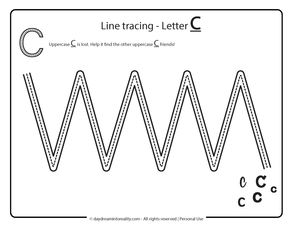 Letter C line trace free printable worksheet