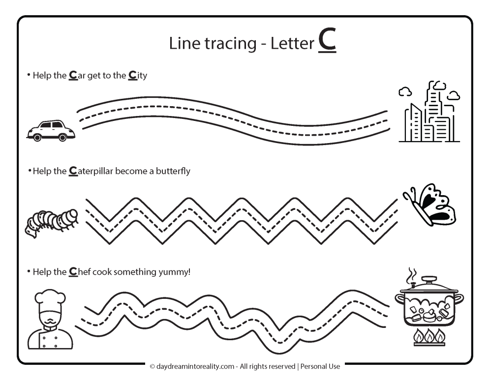 Letter C line trace free printable worksheet