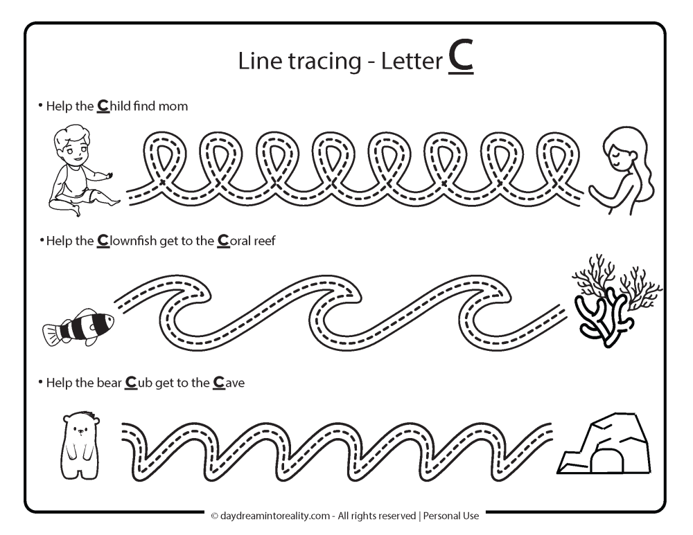 Letter C line trace free printable worksheet