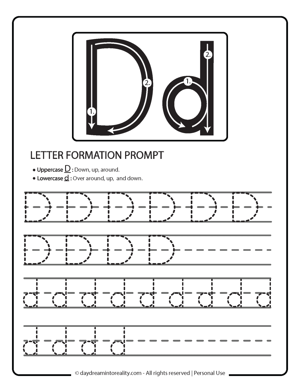 Letter D worksheet free printables - writing practice 