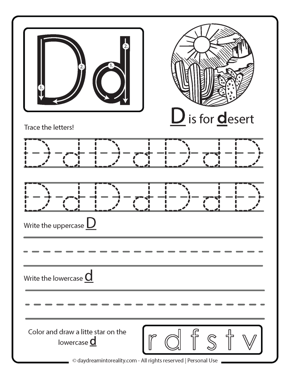 Letter D worksheet free printables - writing practice - d is for desert