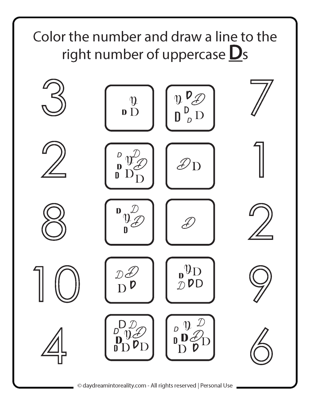 Letter D worksheet free printables. Number, and letter recognition.