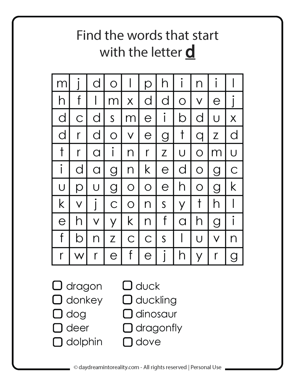 Word search Letter D worksheet free printables