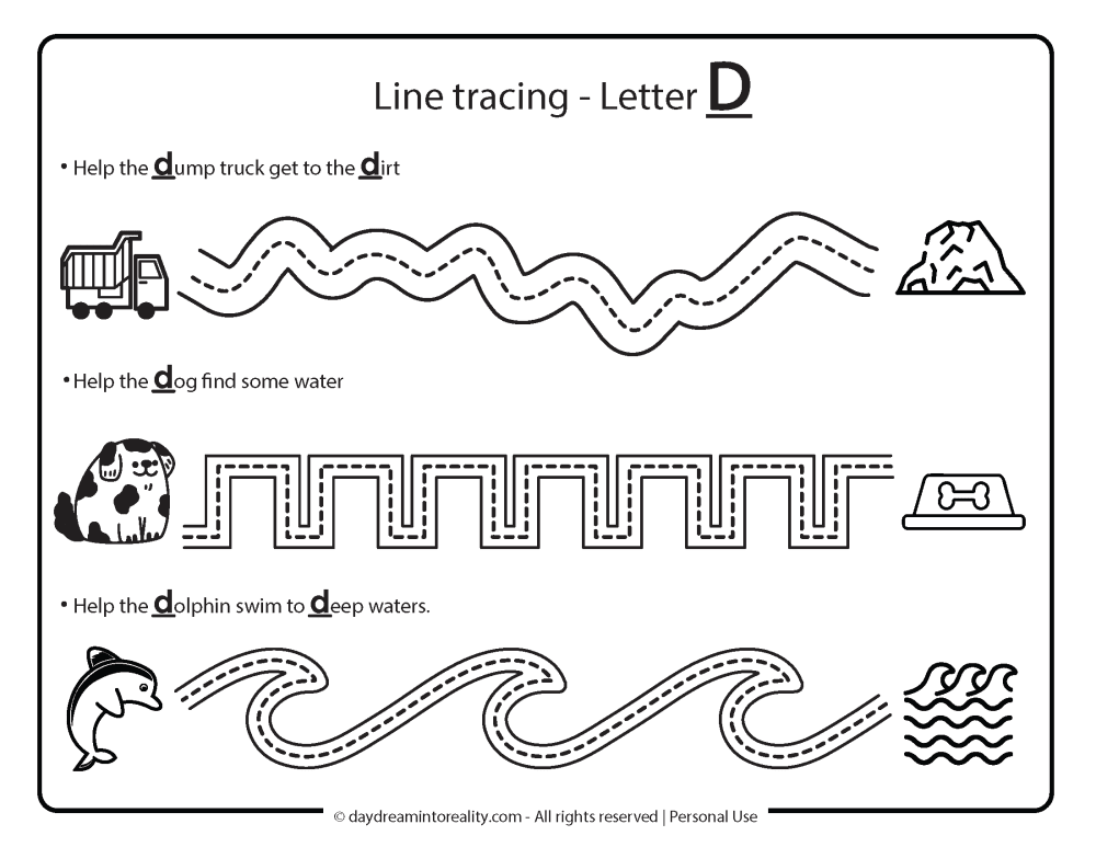 Letter D worksheet free printables line tracing practice.