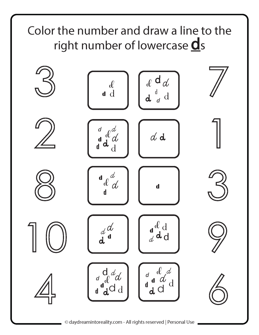 Letter D worksheet free printables. Number, and letter recognition.