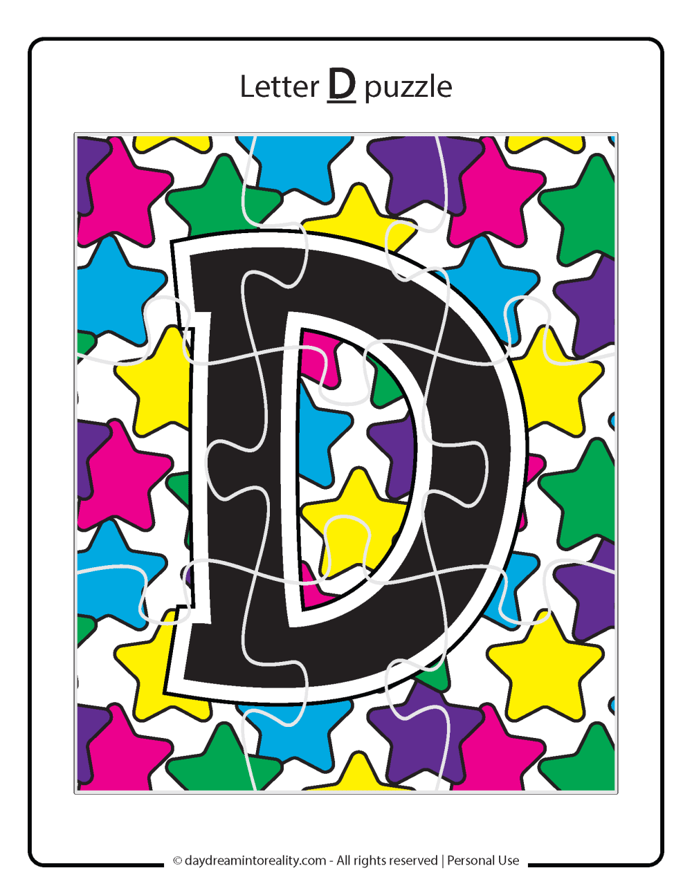 Letter D worksheet free printables. Uppercase D puzzle.