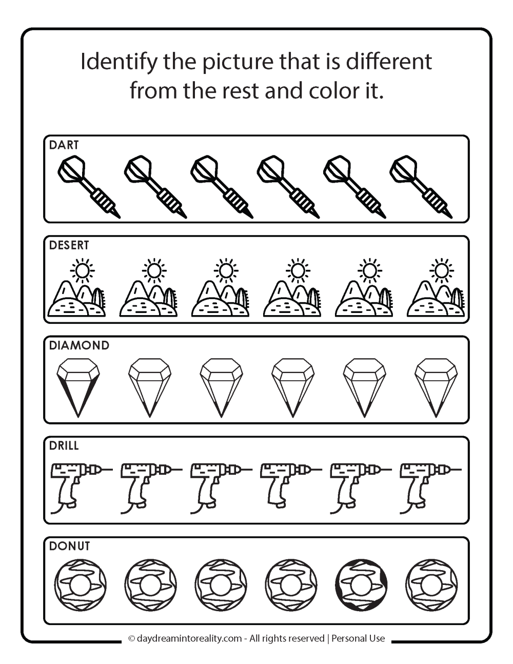 Letter D worksheet free printables. Identify the different picture.