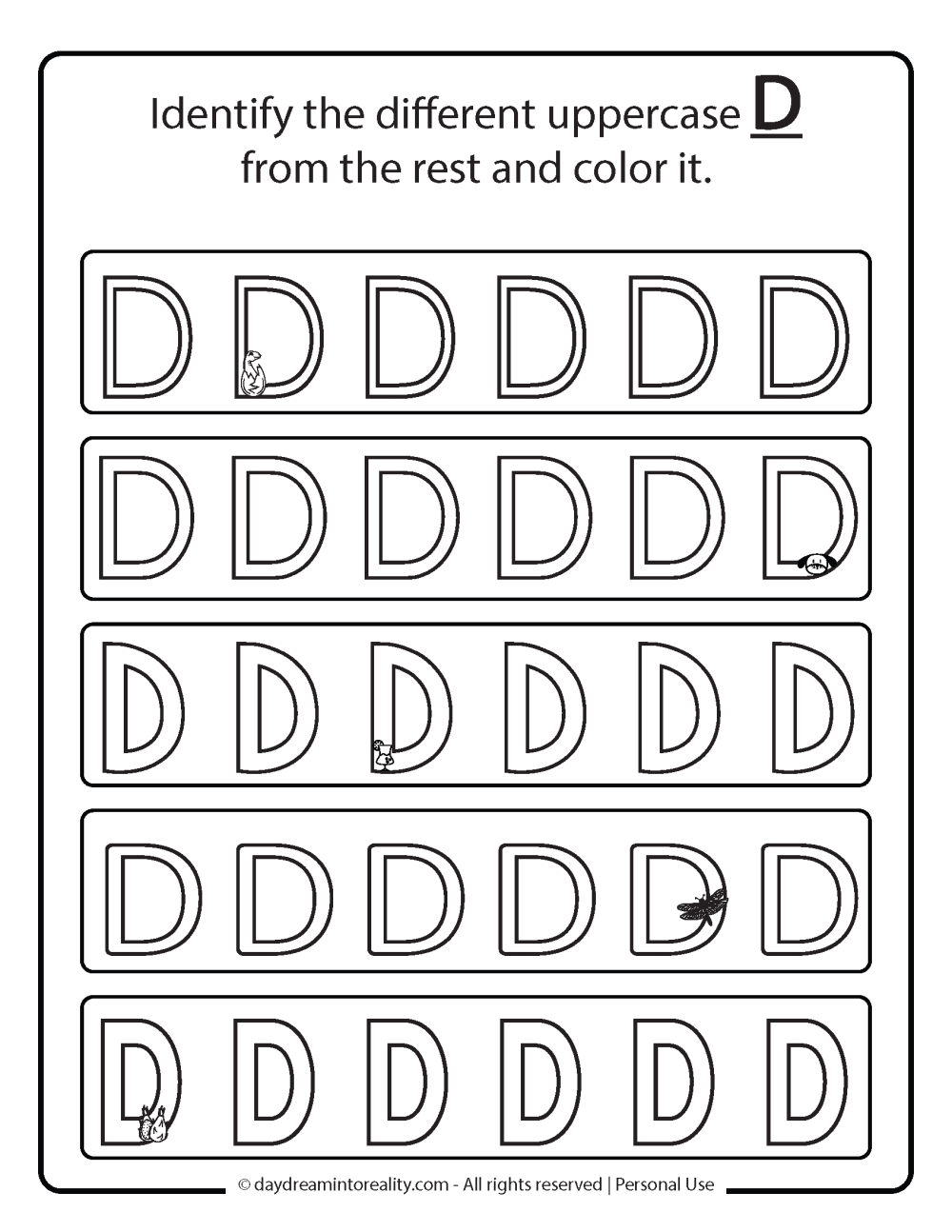 Letter D worksheet free printables. I dentify the different uppercase D