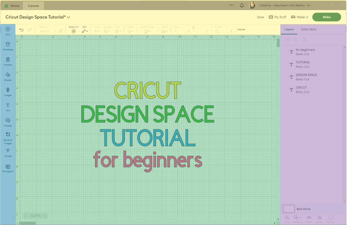 Cricut Design Space divided in 4 colors