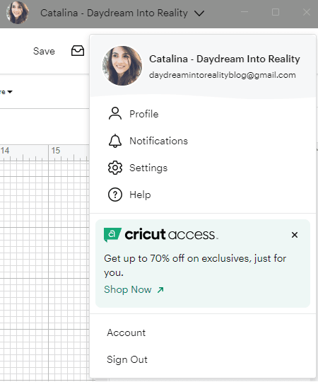 Profile Drop-Down Menu window in cricut design space.