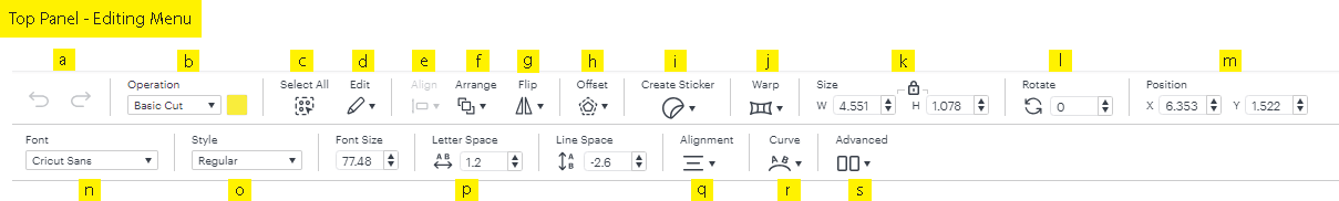 Cricut Design Space Top Panel icons