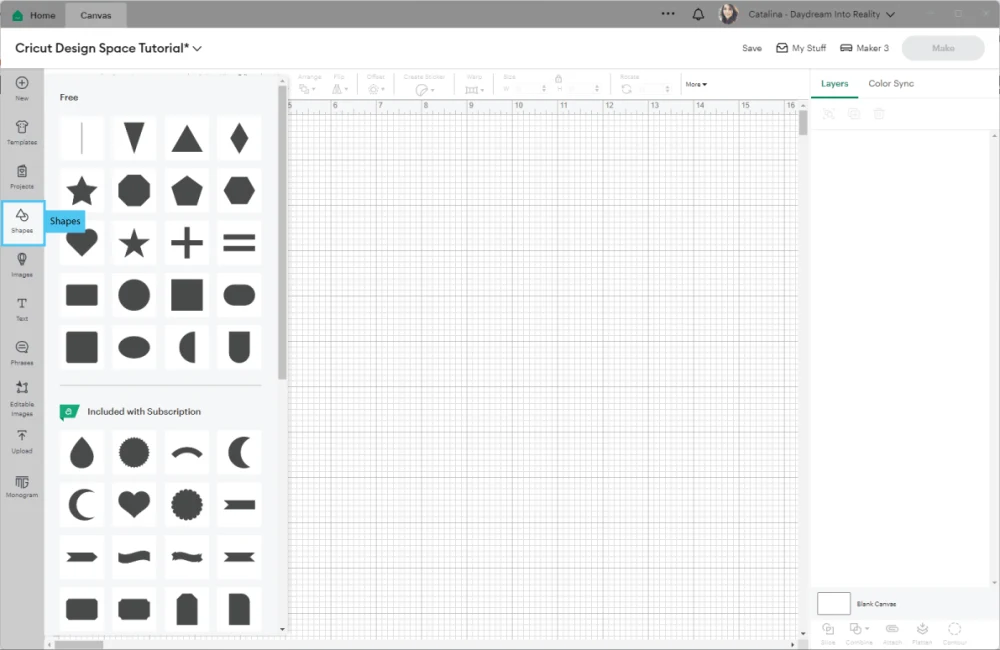 Shapes options in Cricut Design Space