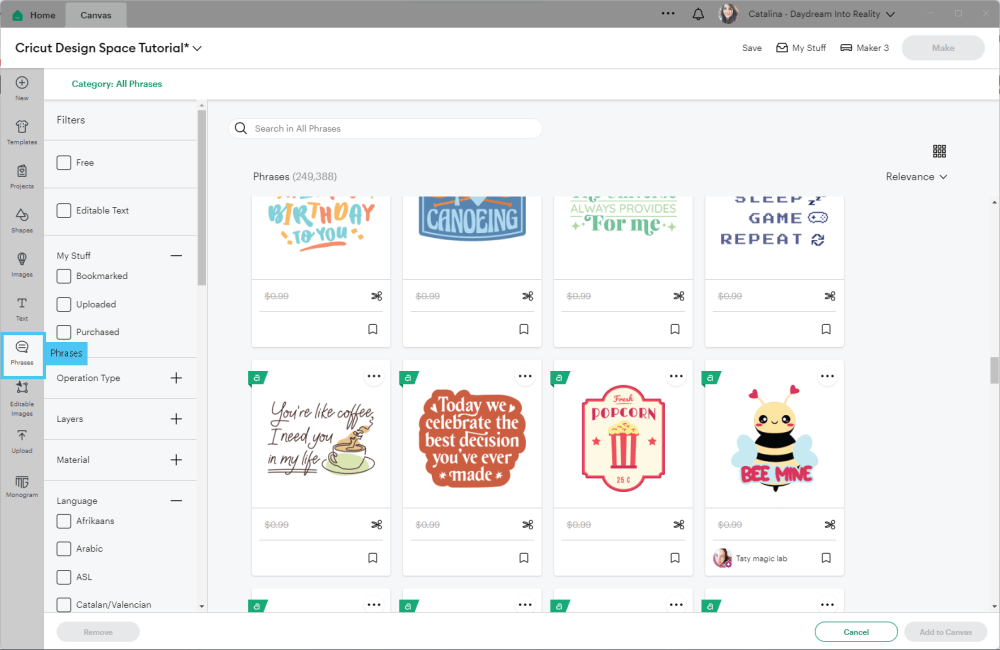 Phrases window in Cricut Design Space