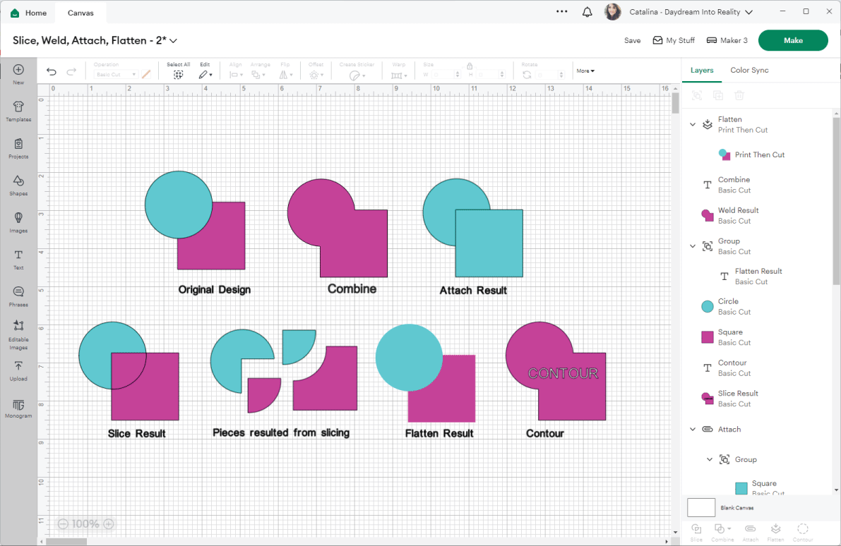 Slice, combine, Attach, Flatten, and Contour Info-Graphic 