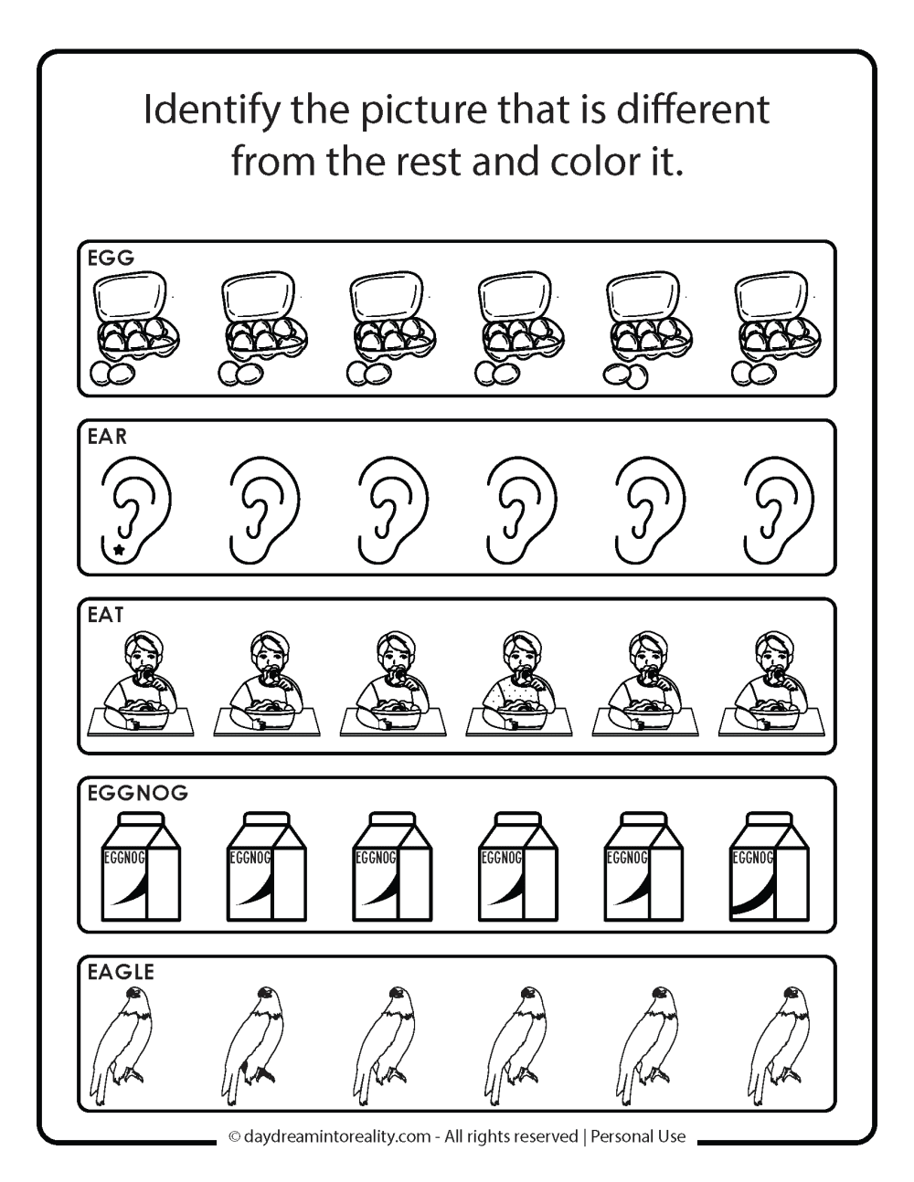 Letter E worksheet free printables. Identify the different picture.