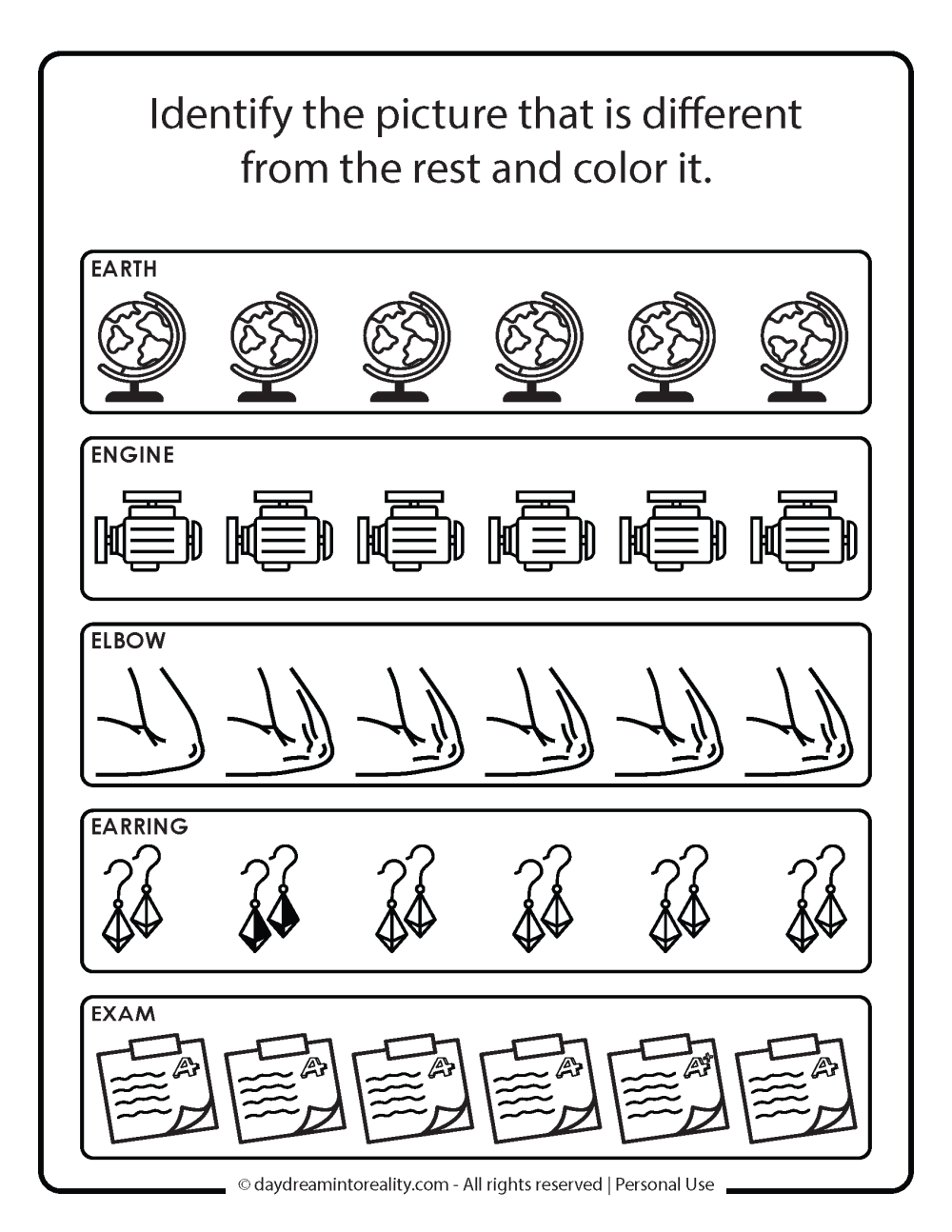 Letter E worksheet free printables. Identify the different picture.