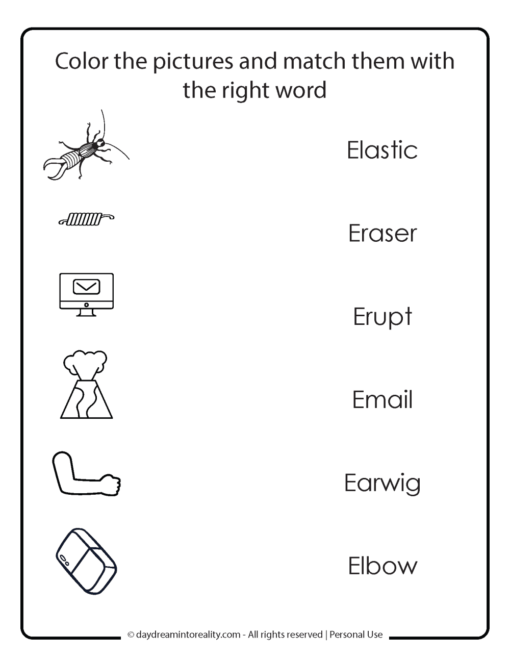 Letter E worksheet free printables. Find the word that matches the picture.