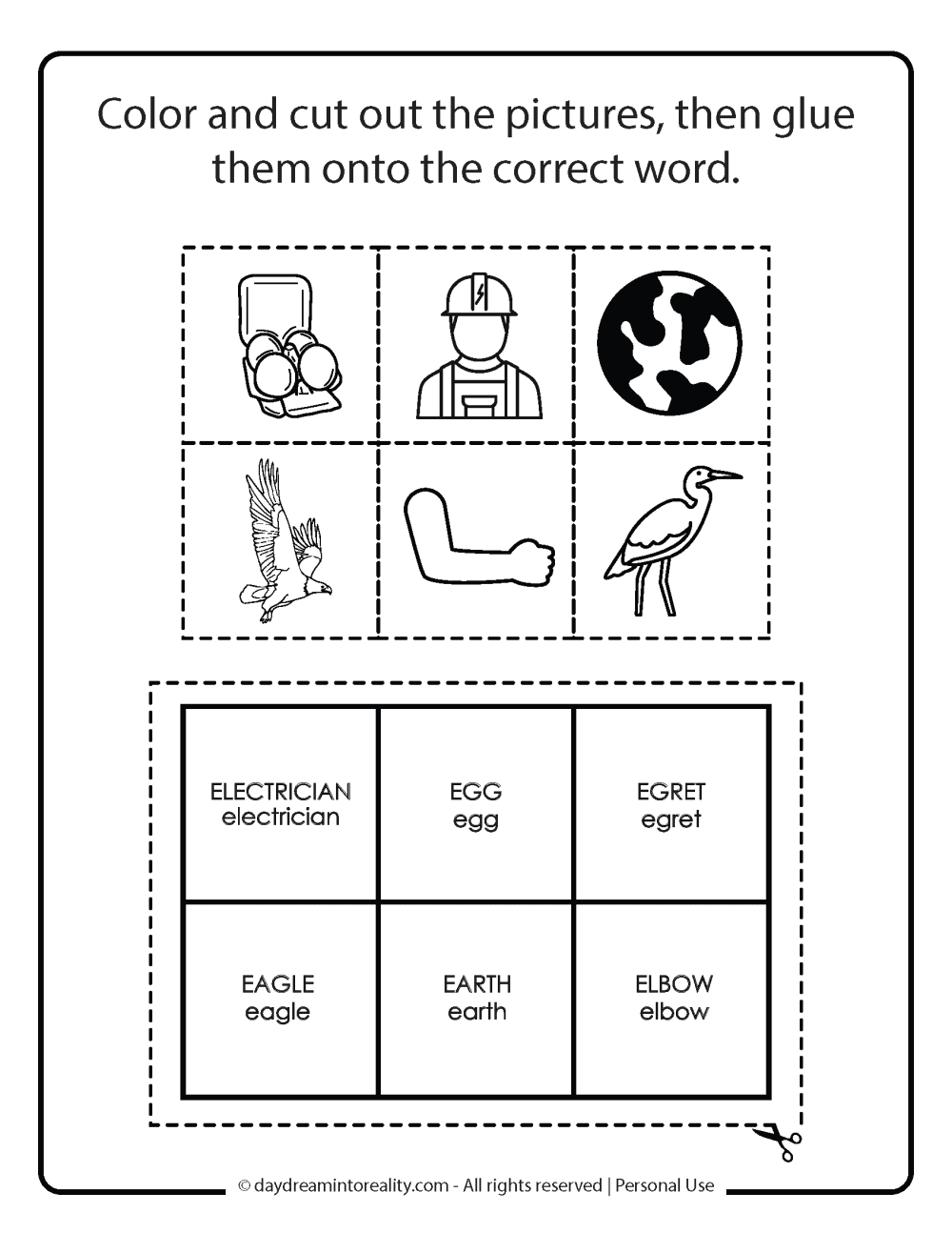 Letter E worksheet free printables. Memory game.