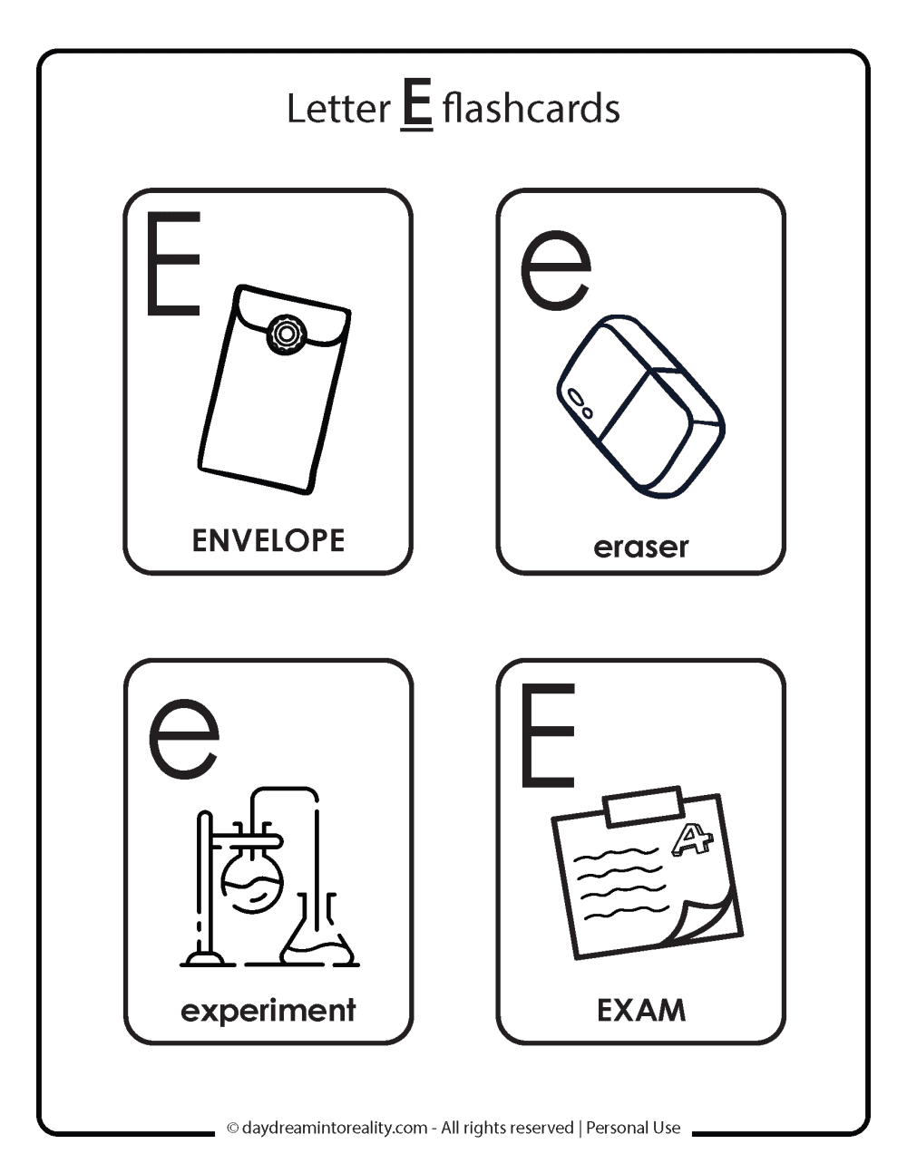 Letter E flashcards free printables. 