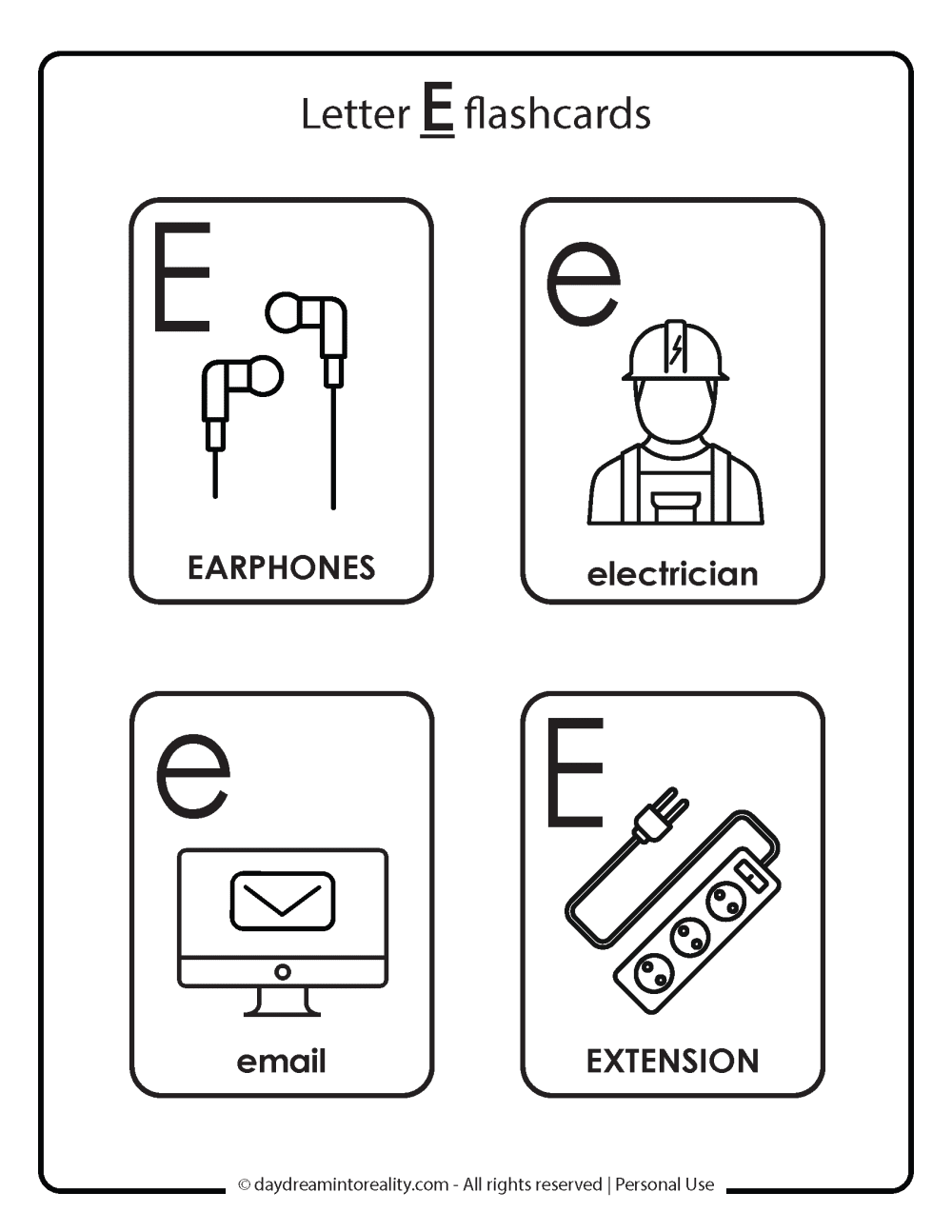 Letter E flashcards free printables. 