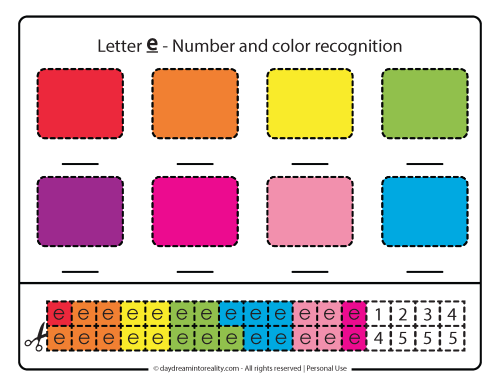 Letter e worksheet free printables. Number, and letter recognition.