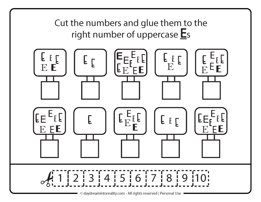 Letter e worksheet free printables. Number, and letter recognition.