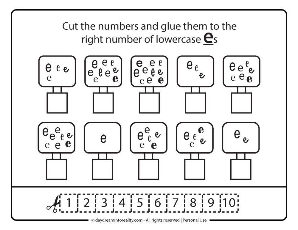 Letter e worksheet free printables. Number, and letter recognition.