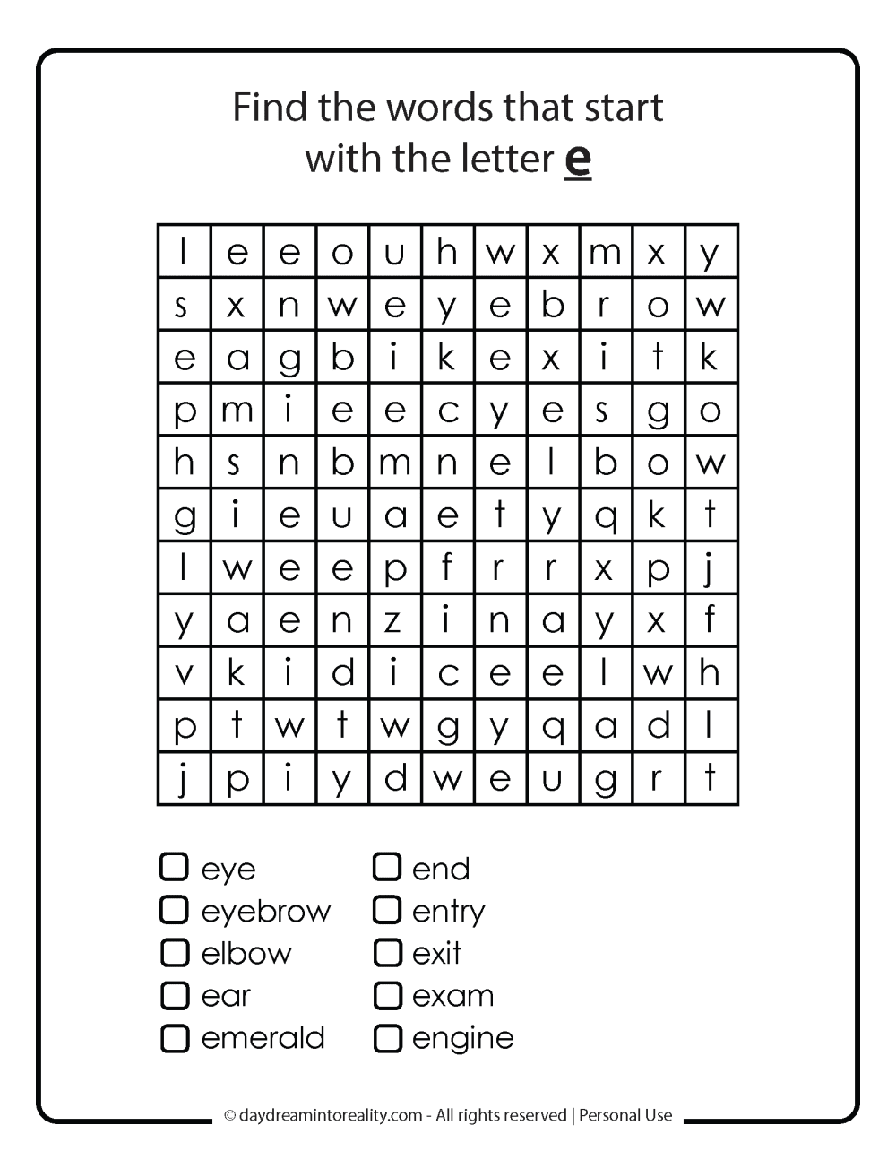 Letter E word search free printables. 