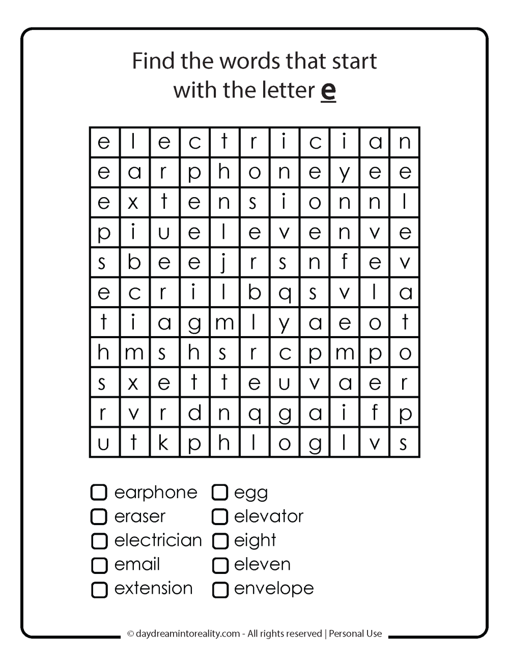 Letter E word search free printables. 