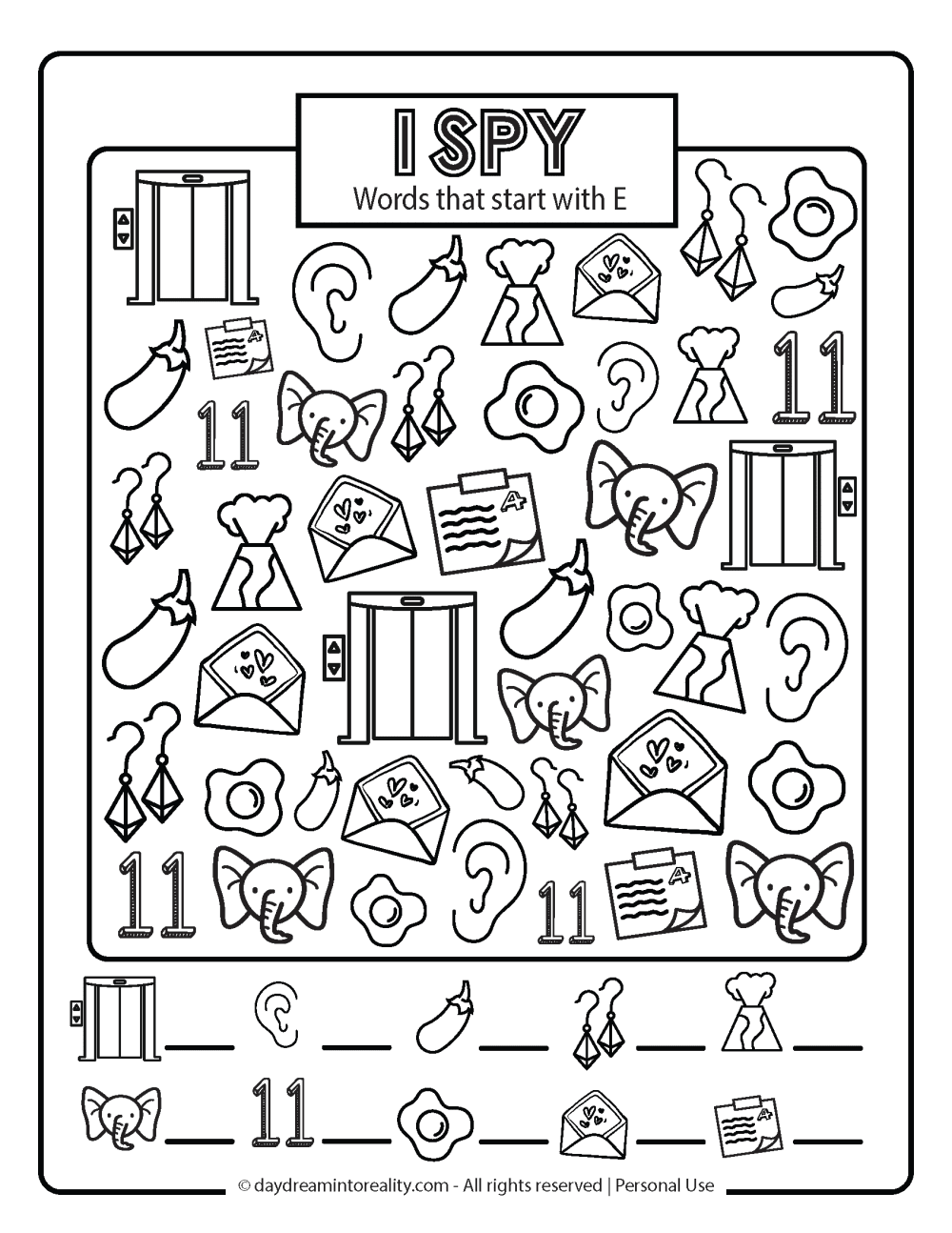 Letter E worksheet free printables. I spy words that start with e.