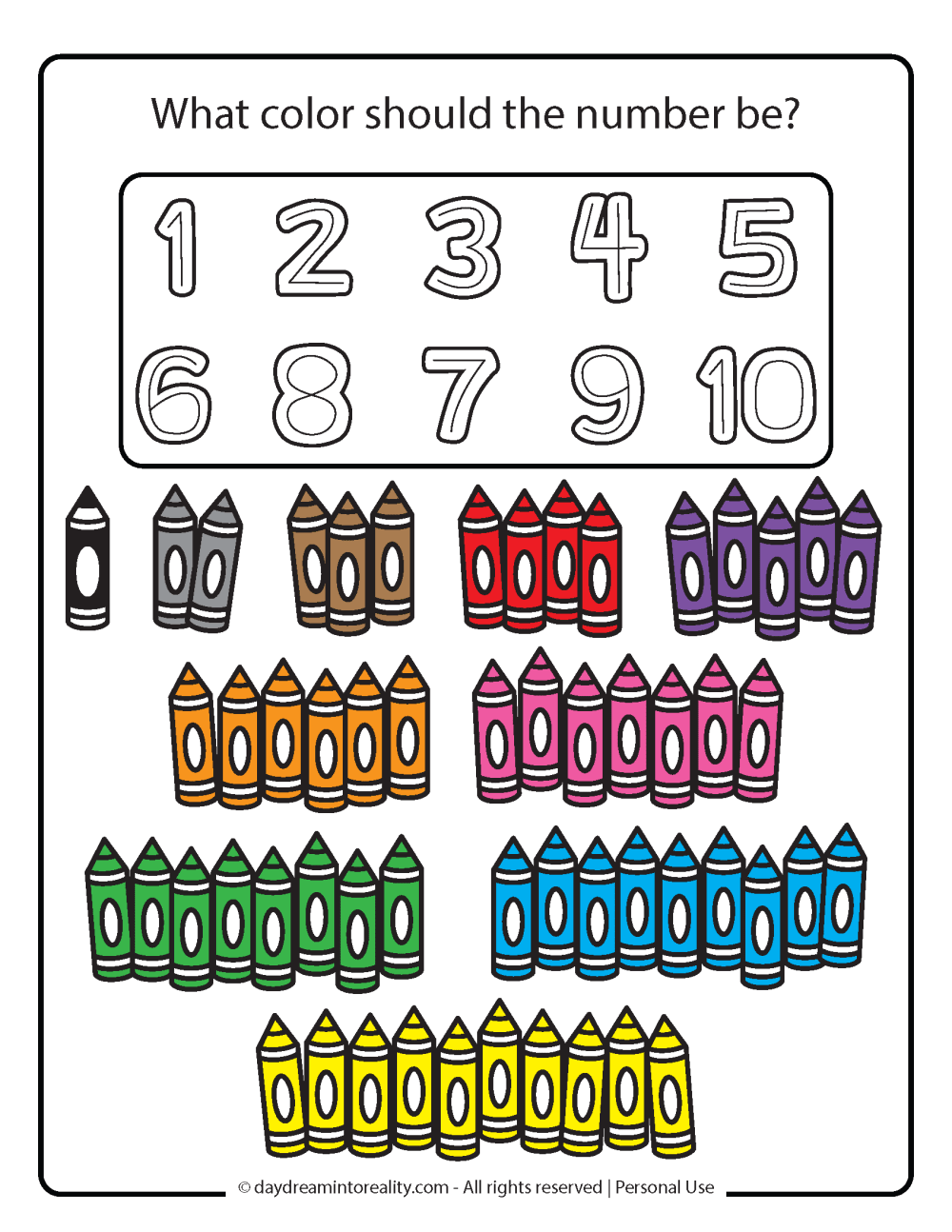 numbers 1 - 10 counting, color and number recognition worksheet free printable.