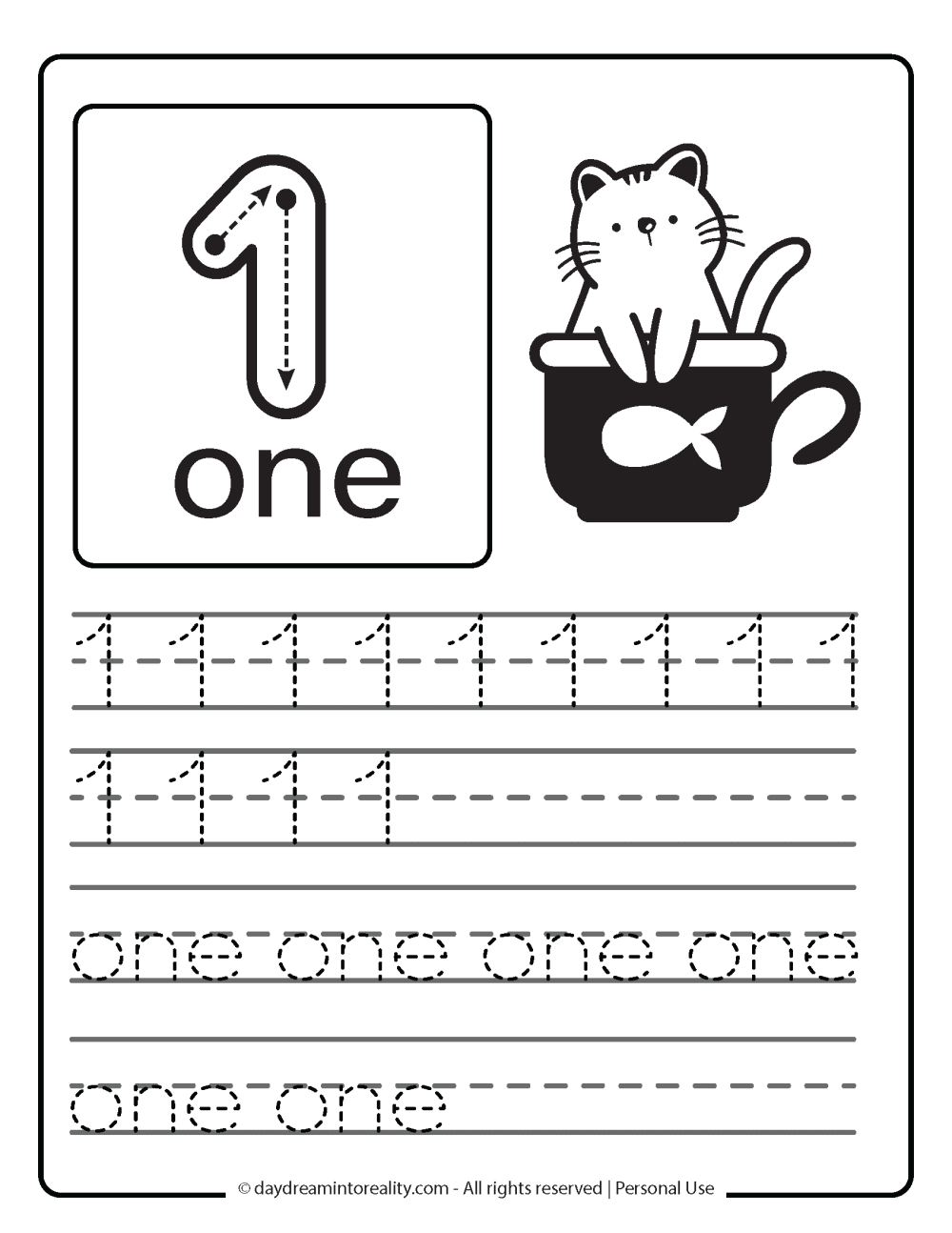 number 1 (numeric and word) worksheet free printable