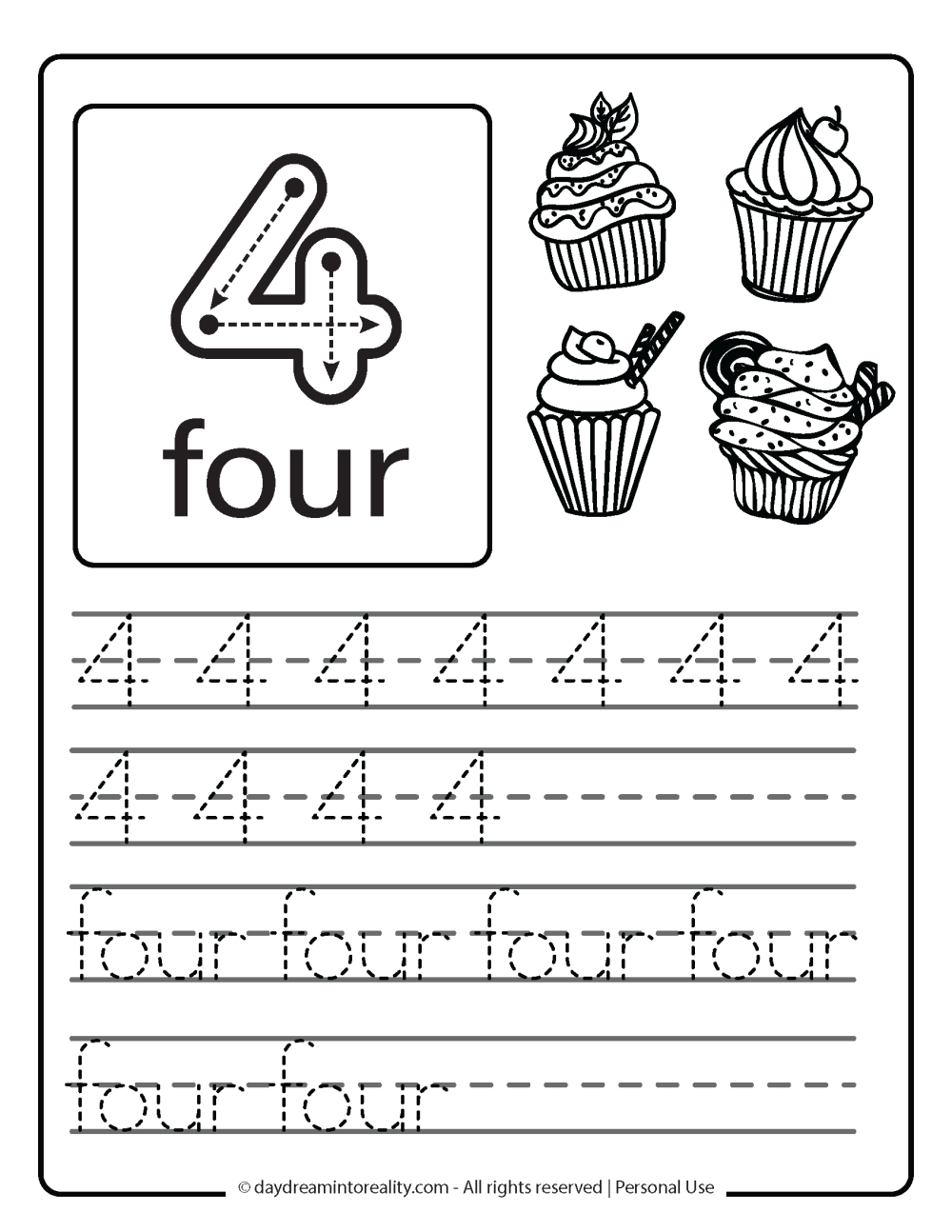 number 4 (numeric and word) worksheet free printable