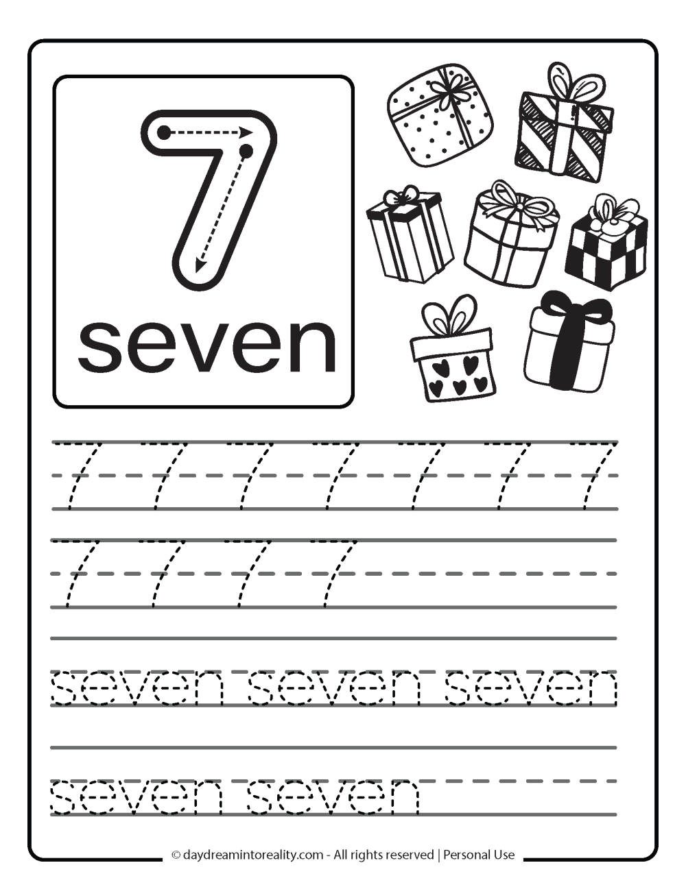 number 7 (numeric and word) worksheet free printable