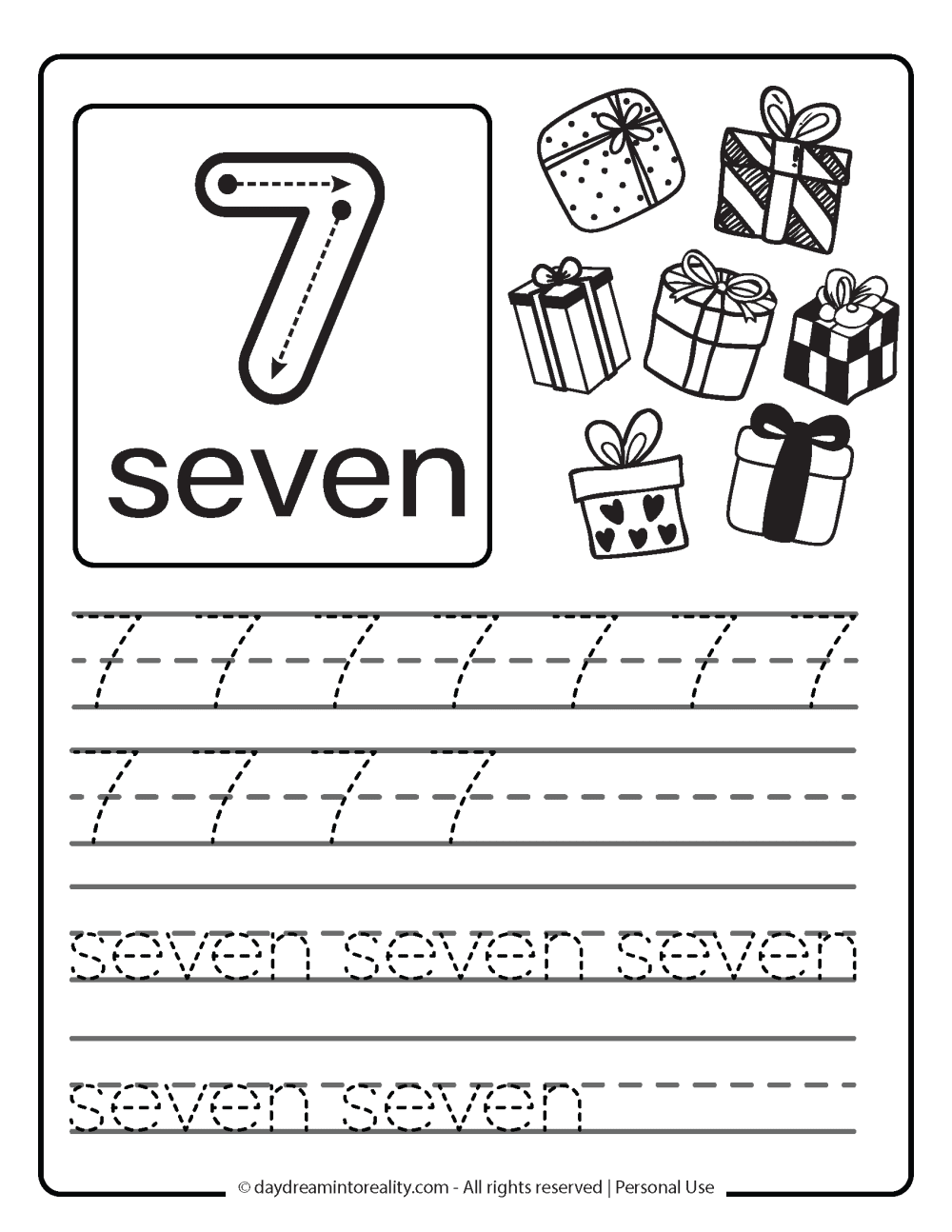 number 7 (numeric and word) worksheet free printable