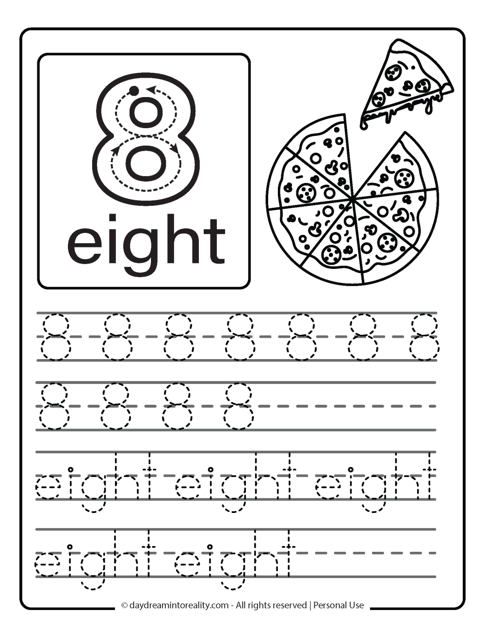 number 8 (numeric and word) worksheet free printable