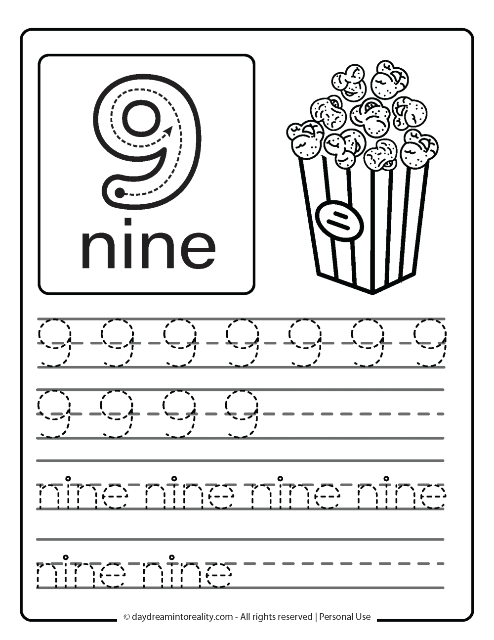 number 9 (numeric and word) worksheet free printable