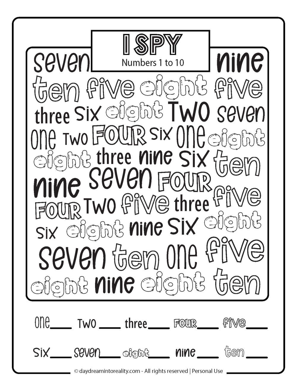 i spy written numbers 1 to 10  free printable