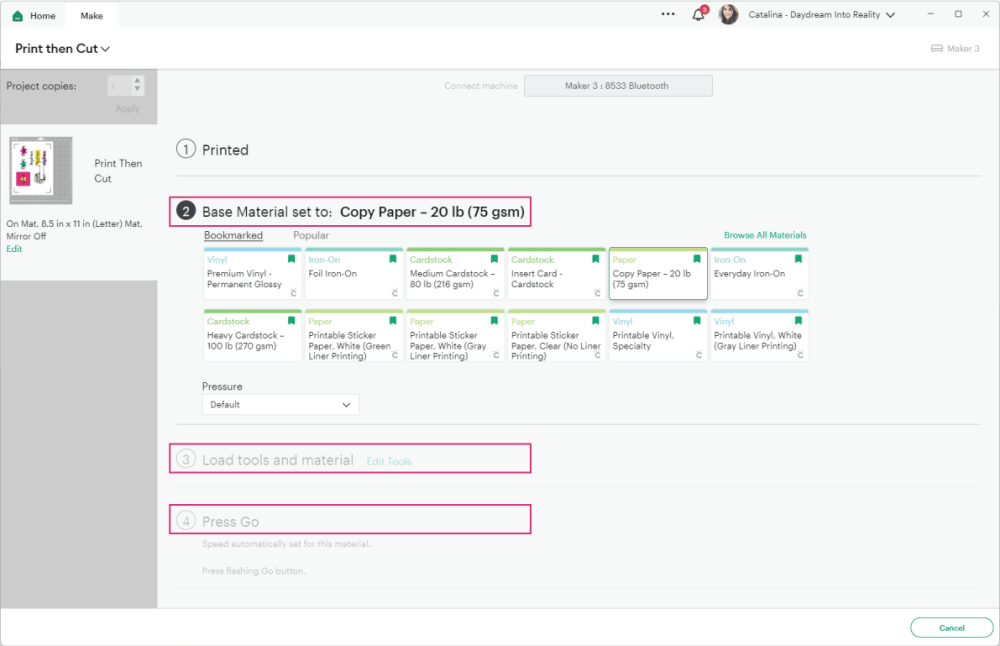 select material in design space.