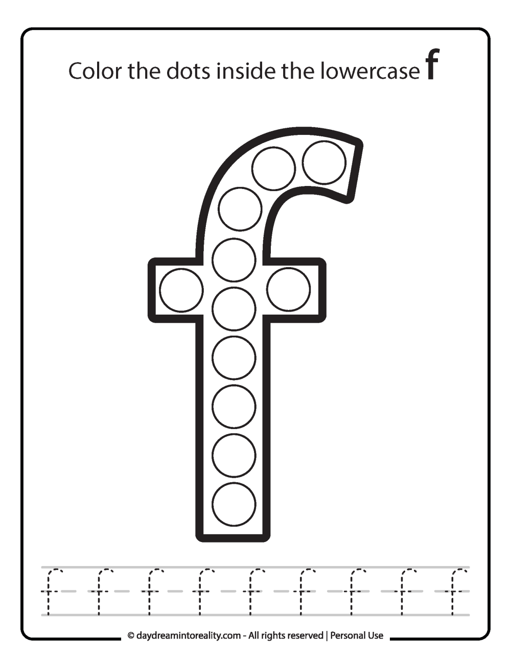 Lowercase "F" Dot Marker Worksheet Free Printable activity for kids (preschool, kindergarten)