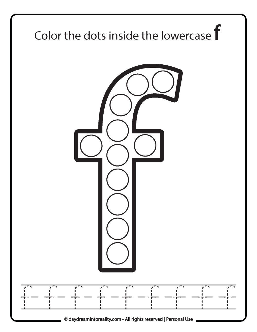 Lowercase "F" Dot Marker Worksheet Free Printable activity for kids (preschool, kindergarten)