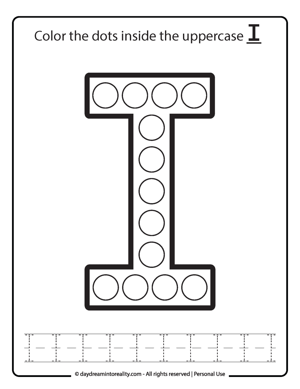 Uppercase "I" Dot Marker Worksheet Free Printable activity for kids (preschool, kindergarten)