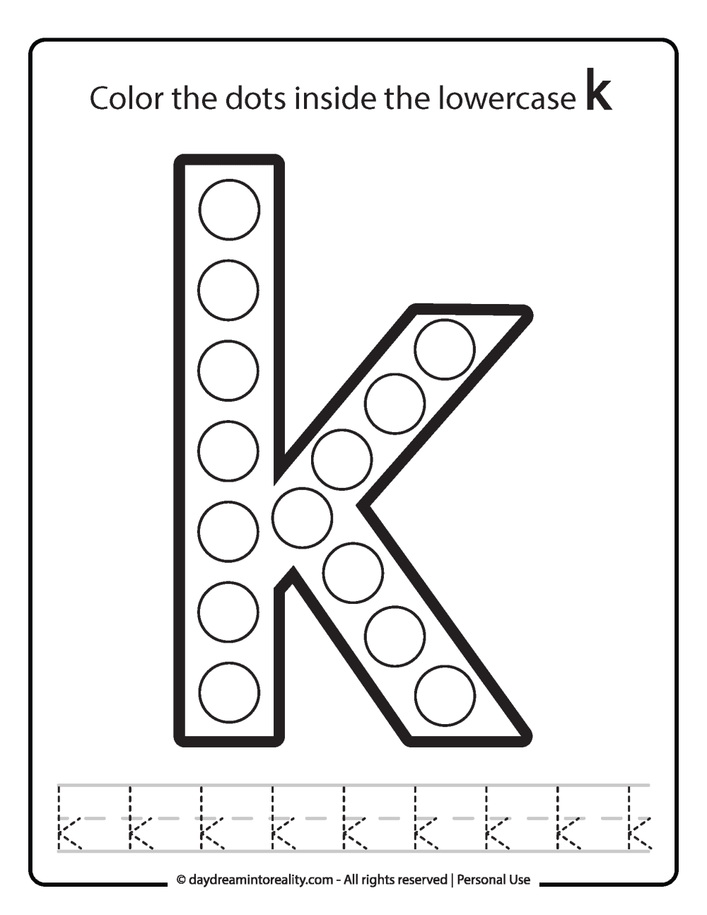 Lowercase "K" Dot Marker Worksheet Free Printable activity for kids (preschool, kindergarten)