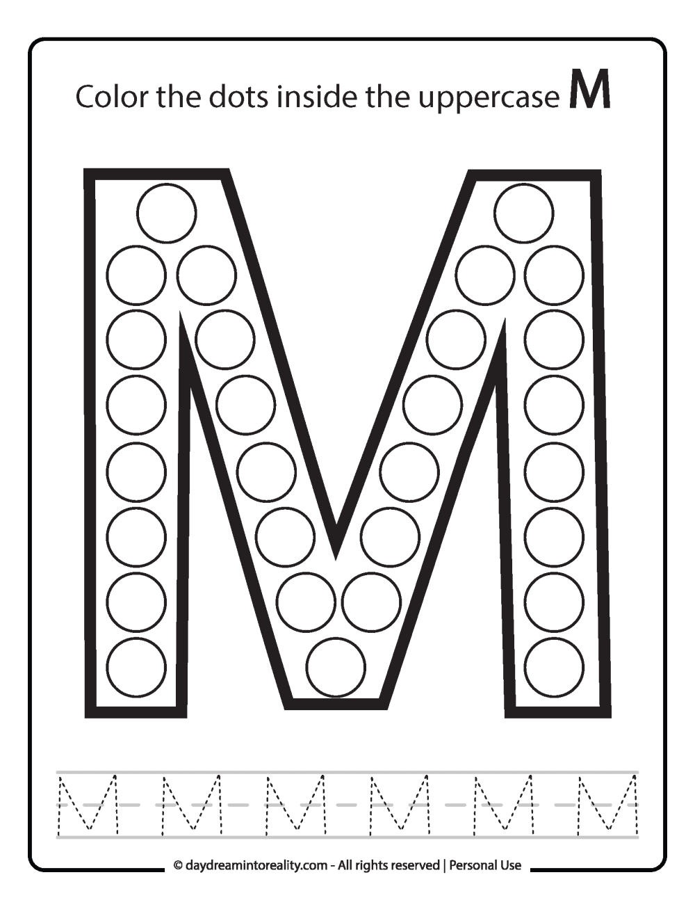 Uppercase "M" Dot Marker Worksheet Free Printable activity for kids (preschool, kindergarten)