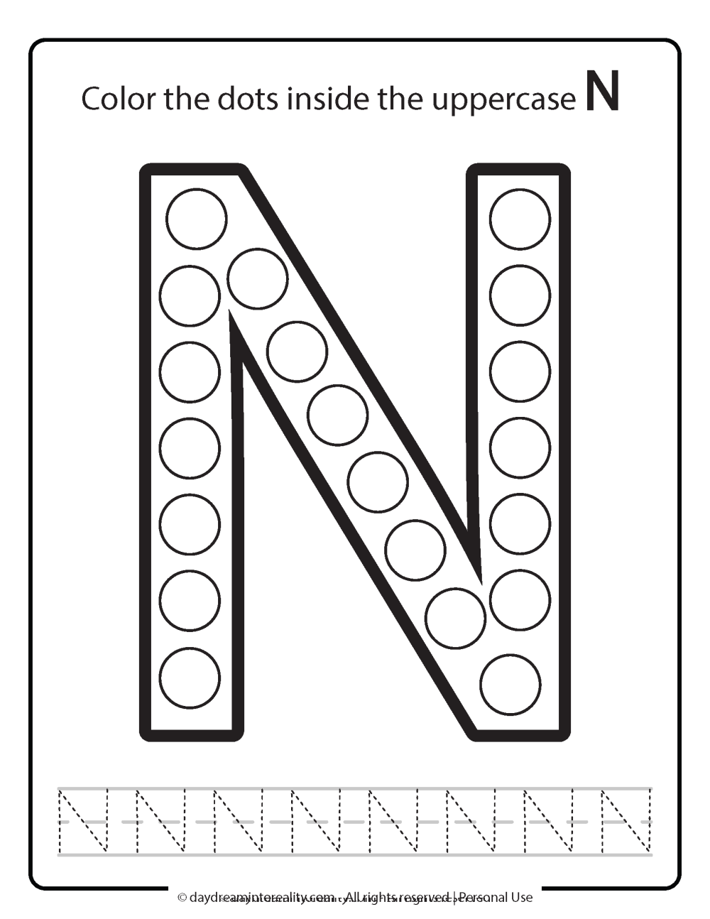 Uppercase "N" Dot Marker Worksheet Free Printable activity for kids (preschool, kindergarten)