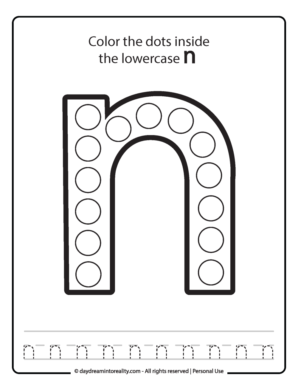 Lowercase "n" Dot Marker Worksheet Free Printable activity for kids (preschool, kindergarten)