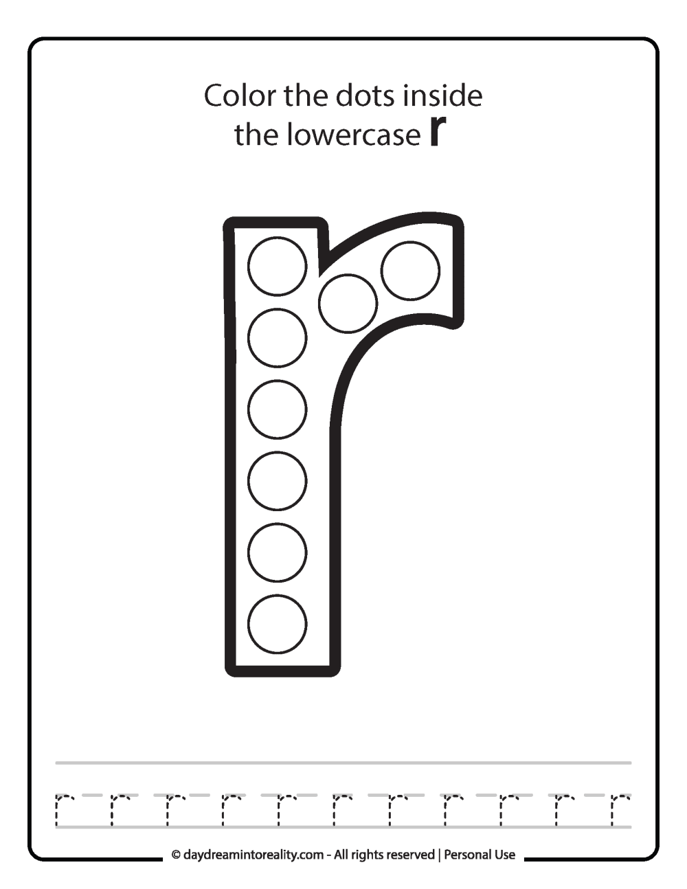 Lowercase "r" Dot Marker Worksheet Free Printable activity for kids (preschool, kindergarten)