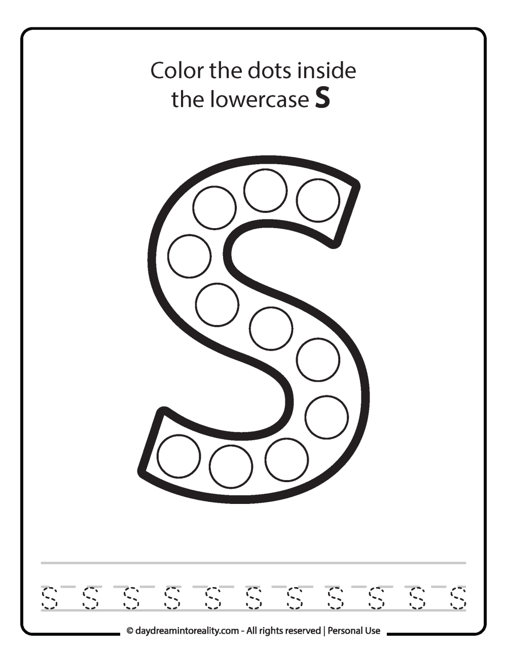 Lowercase "s" Dot Marker Worksheet Free Printable activity for kids (preschool, kindergarten)