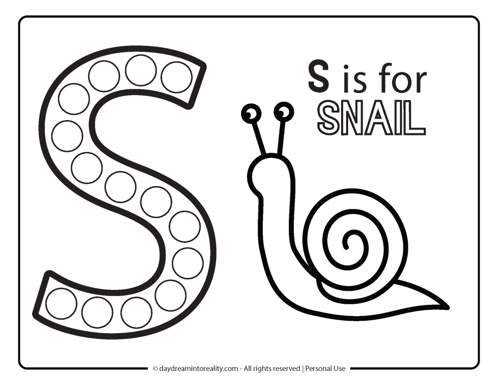 Letter "s" Dot Marker Worksheet Free Printable activity for kids (preschool, kindergarten). S IS FOR SNAIL