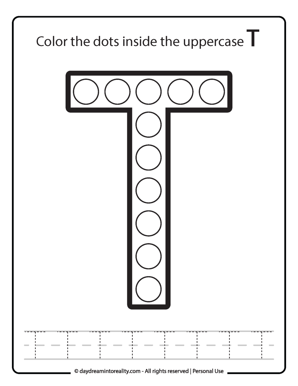 Uppercase "t" Dot Marker Worksheet Free Printable activity for kids (preschool, kindergarten)